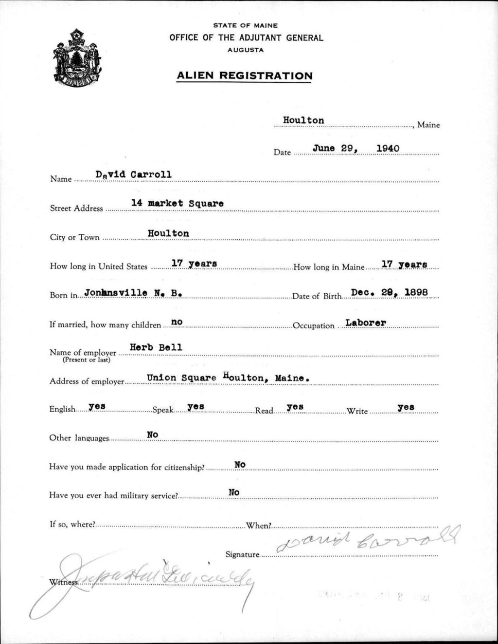 Miniature of Alien Registration- Carroll, David (Houlton, Aroostook County)