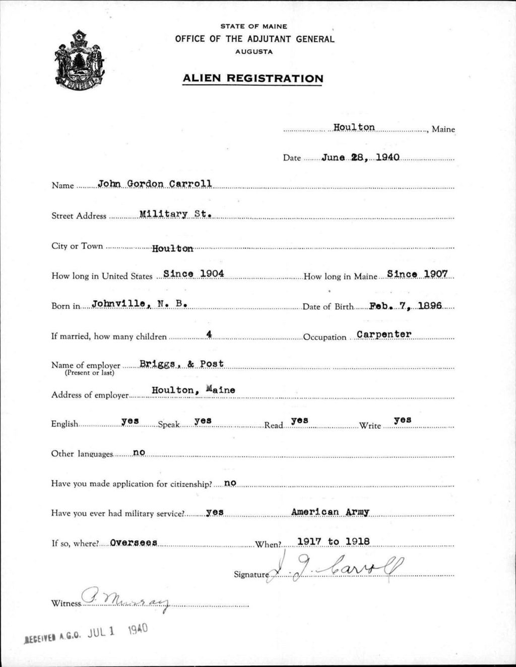 Miniature of Alien Registration- Carroll, John G. (Houlton, Aroostook County)