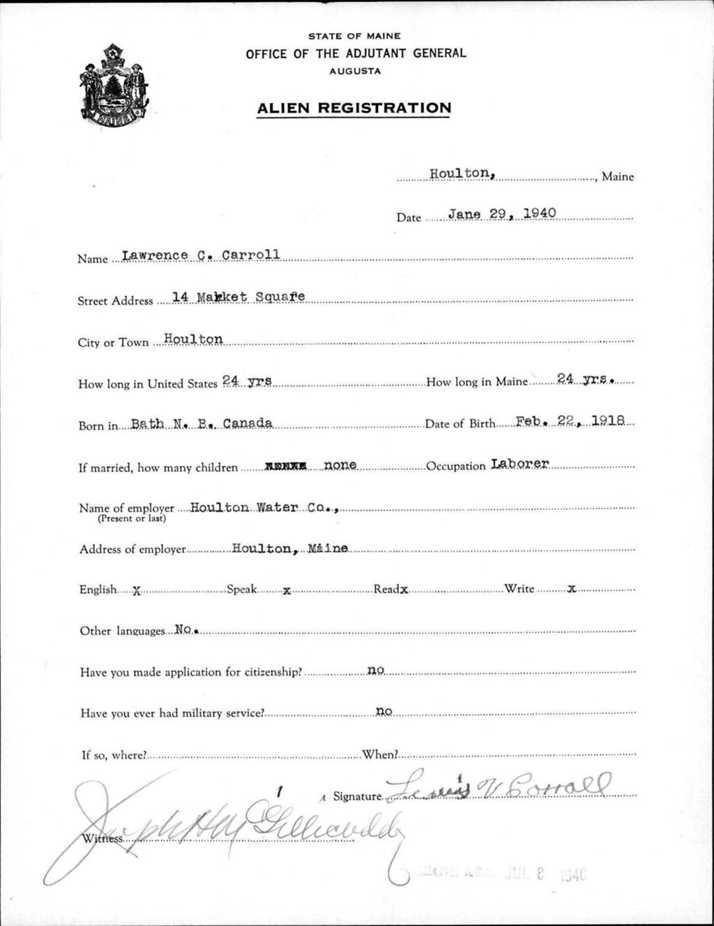 Miniature of Alien Registration- Carroll, Lawrence C. (Houlton, Aroostook County)