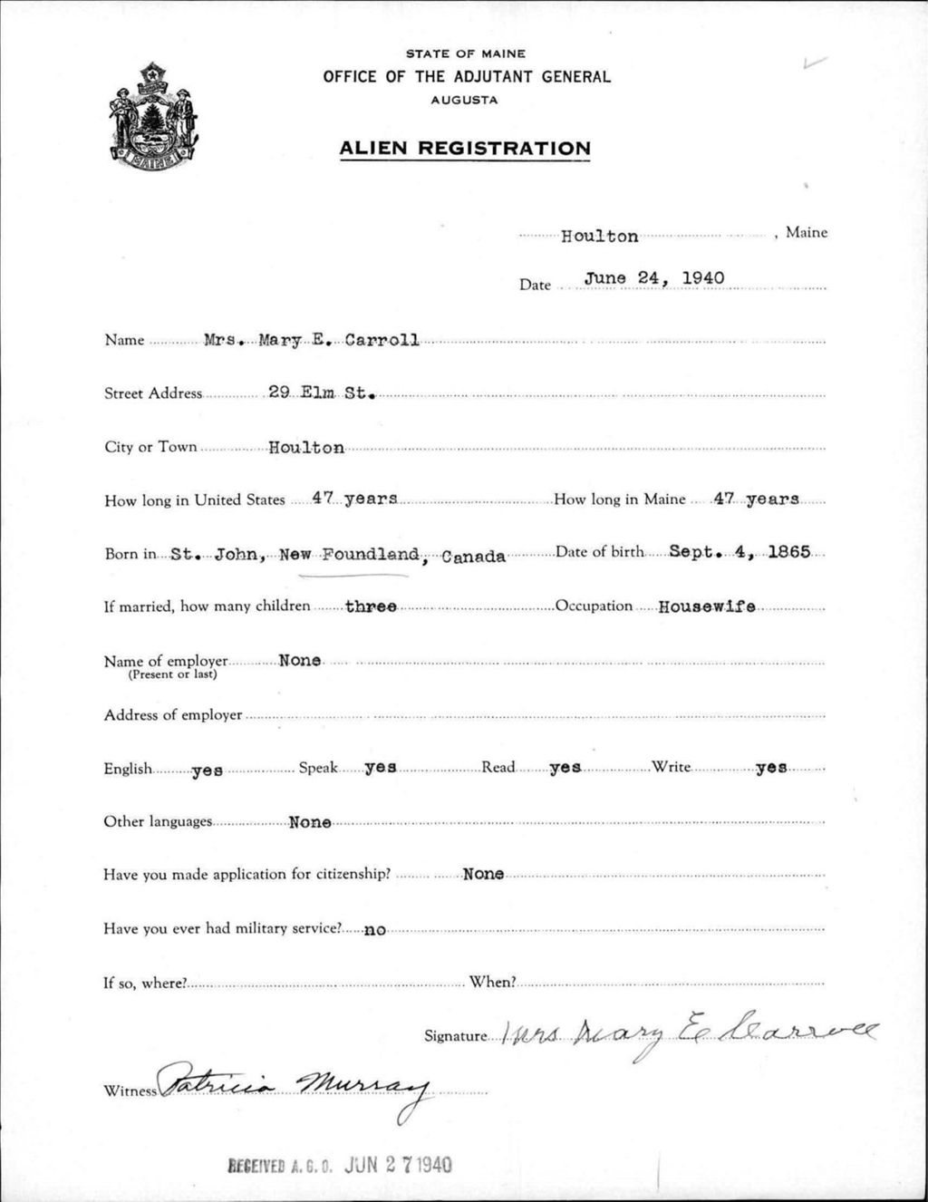 Miniature of Alien Registration- Carroll, Mary E. (Houlton, Aroostook County)
