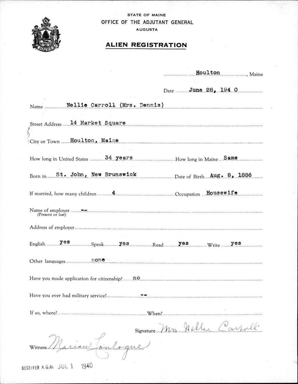 Miniature of Alien Registration- Carroll, Nellie (Houlton, Aroostook County)