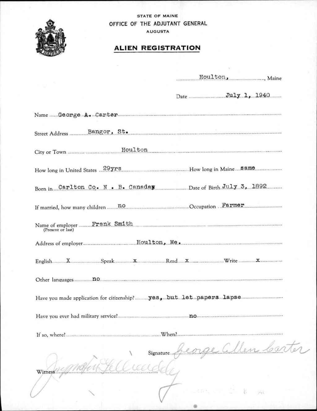 Miniature of Alien Registration- Carter, George A. (Houlton, Aroostook County)
