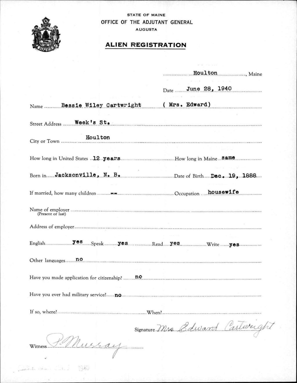 Miniature of Alien Registration- Cartwright, Bessie W. (Houlton, Aroostook County)