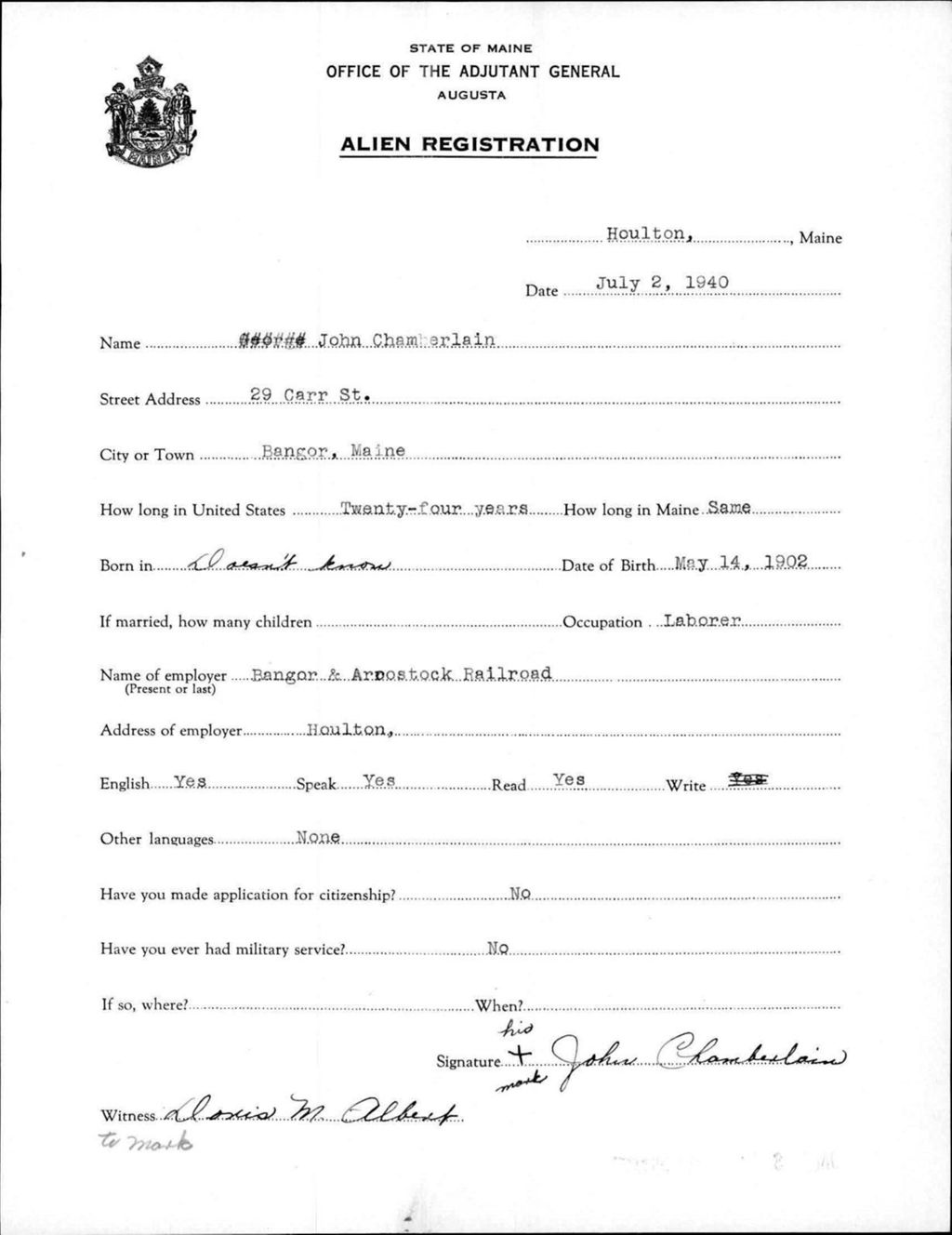 Miniature of Alien Registration- Chamberlain, John (Houlton, Aroostook County)