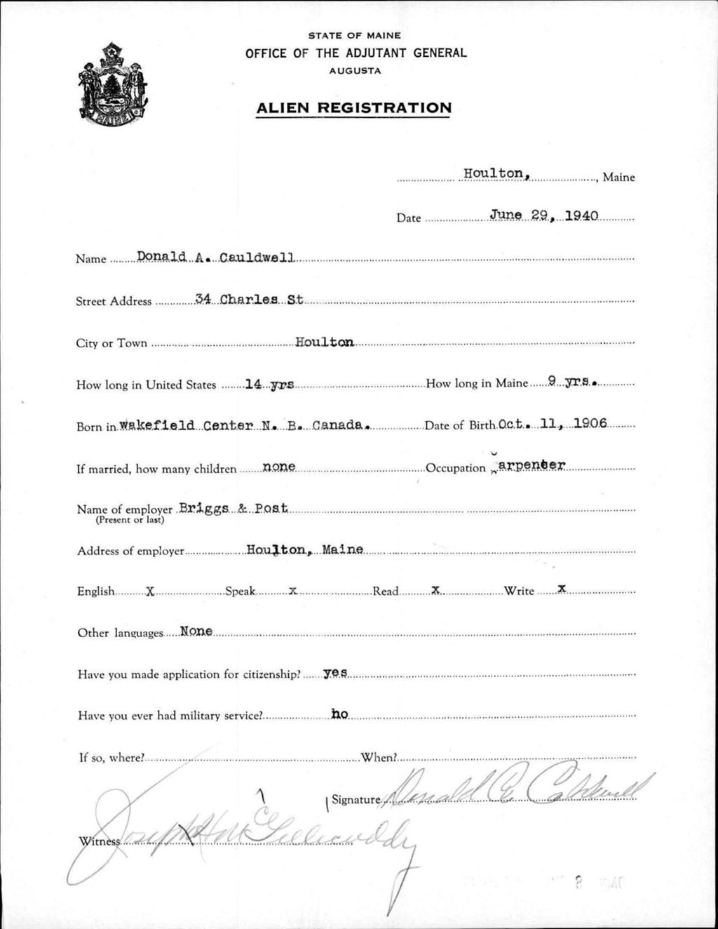 Miniature of Alien Registration- Cauldwell, Donald A. (Houlton, Aroostook County)