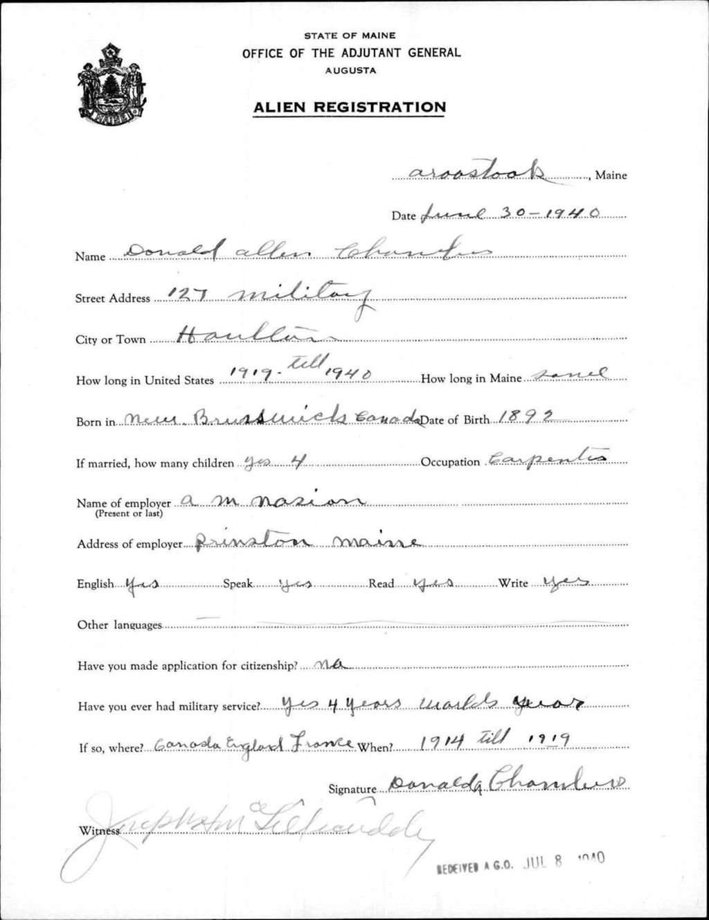 Miniature of Alien Registration- Chambers, Donald A. (Houlton, Aroostook County)
