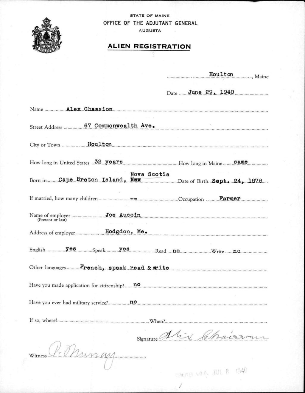 Miniature of Alien Registration- Chassion, Alex (Houlton, Aroostook County)