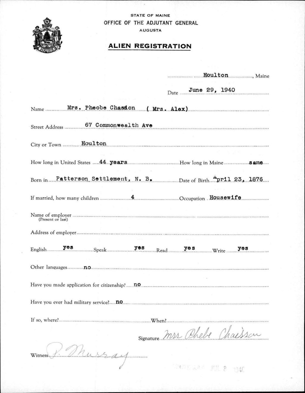 Miniature of Alien Registration- Chassion, Pheobe (Houlton, Aroostook County)
