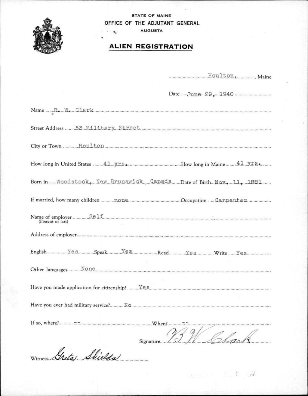 Miniature of Alien Registration- Clark, B W. (Houlton, Aroostook County)