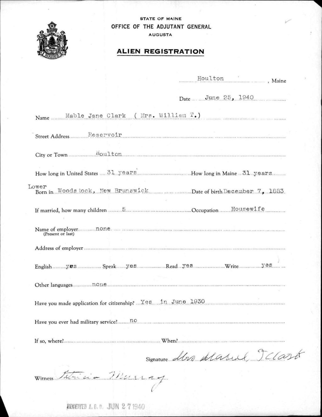 Miniature of Alien Registration- Clark, Mable J. (Houlton, Aroostook County)