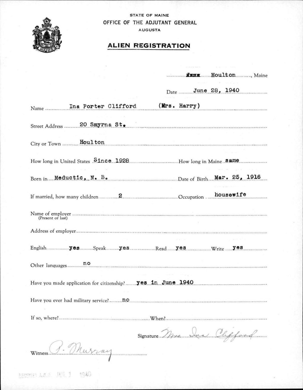 Miniature of Alien Registration- Porter, Ina (Houlton, Aroostook County)