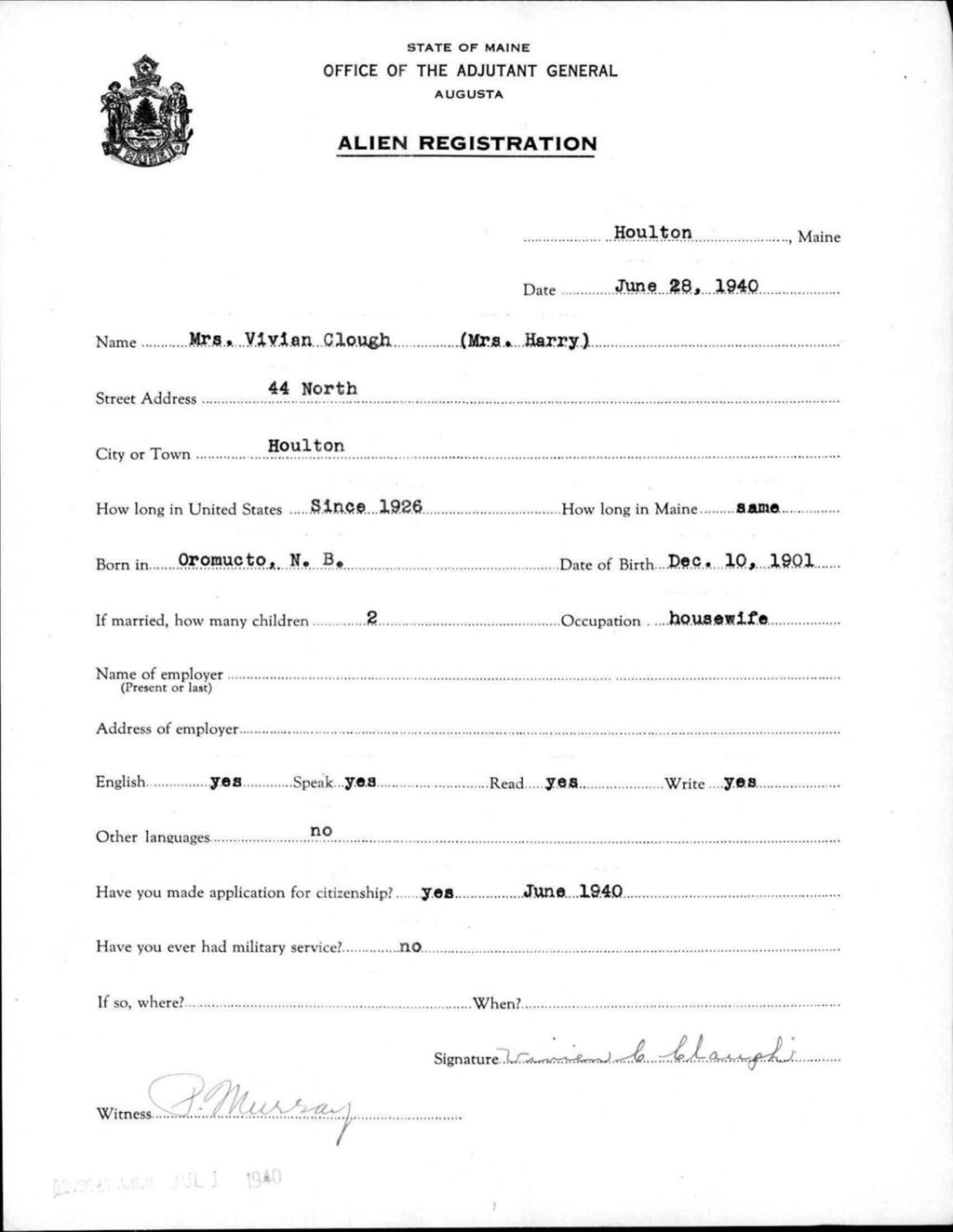 Miniature of Alien Registration- Clough, Vivian (Houlton, Aroostook County)