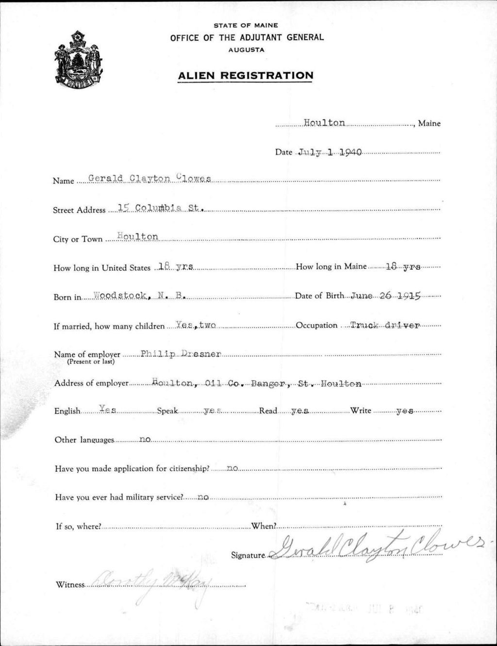 Miniature of Alien Registration- Clowes, Gerald C. (Houlton, Aroostook County)