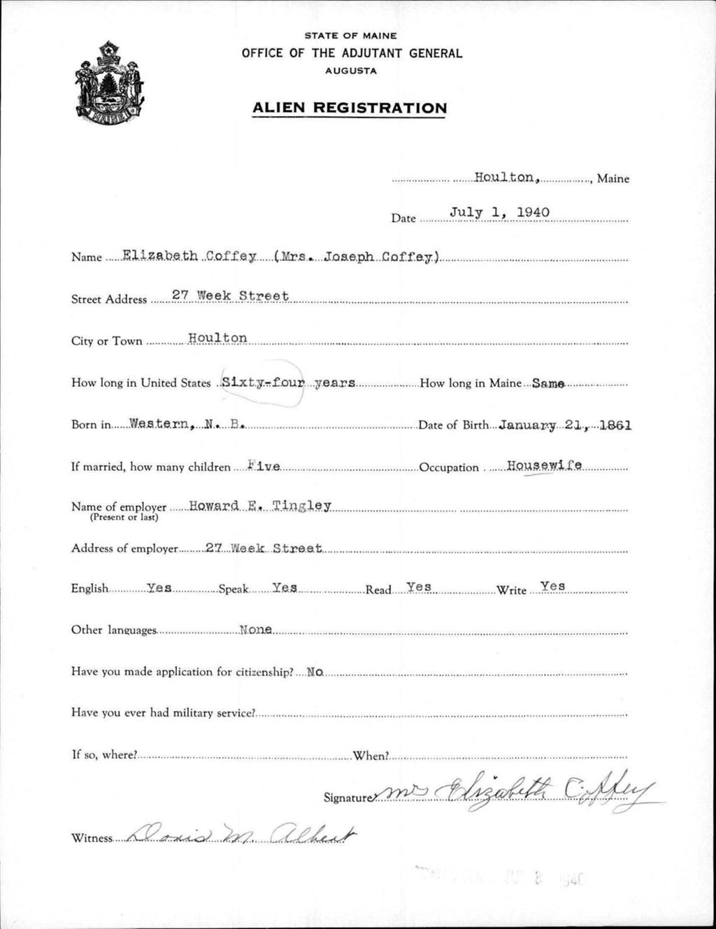 Miniature of Alien Registration- Coffey, Elizabeth (Houlton, Aroostook County)