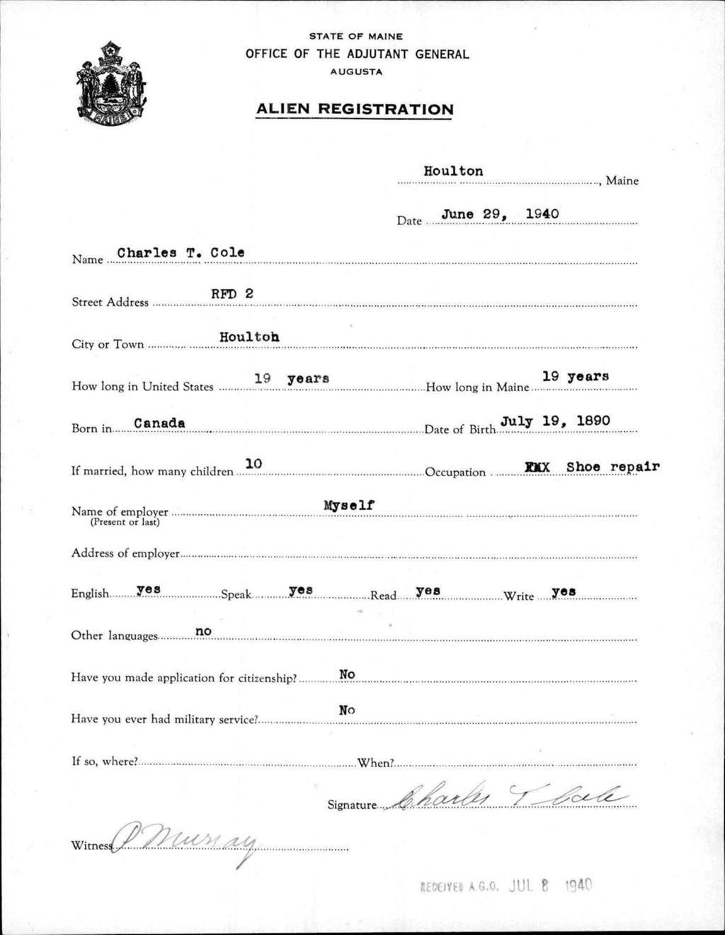 Miniature of Alien Registration- Cole, Charles T. (Houlton, Aroostook County)