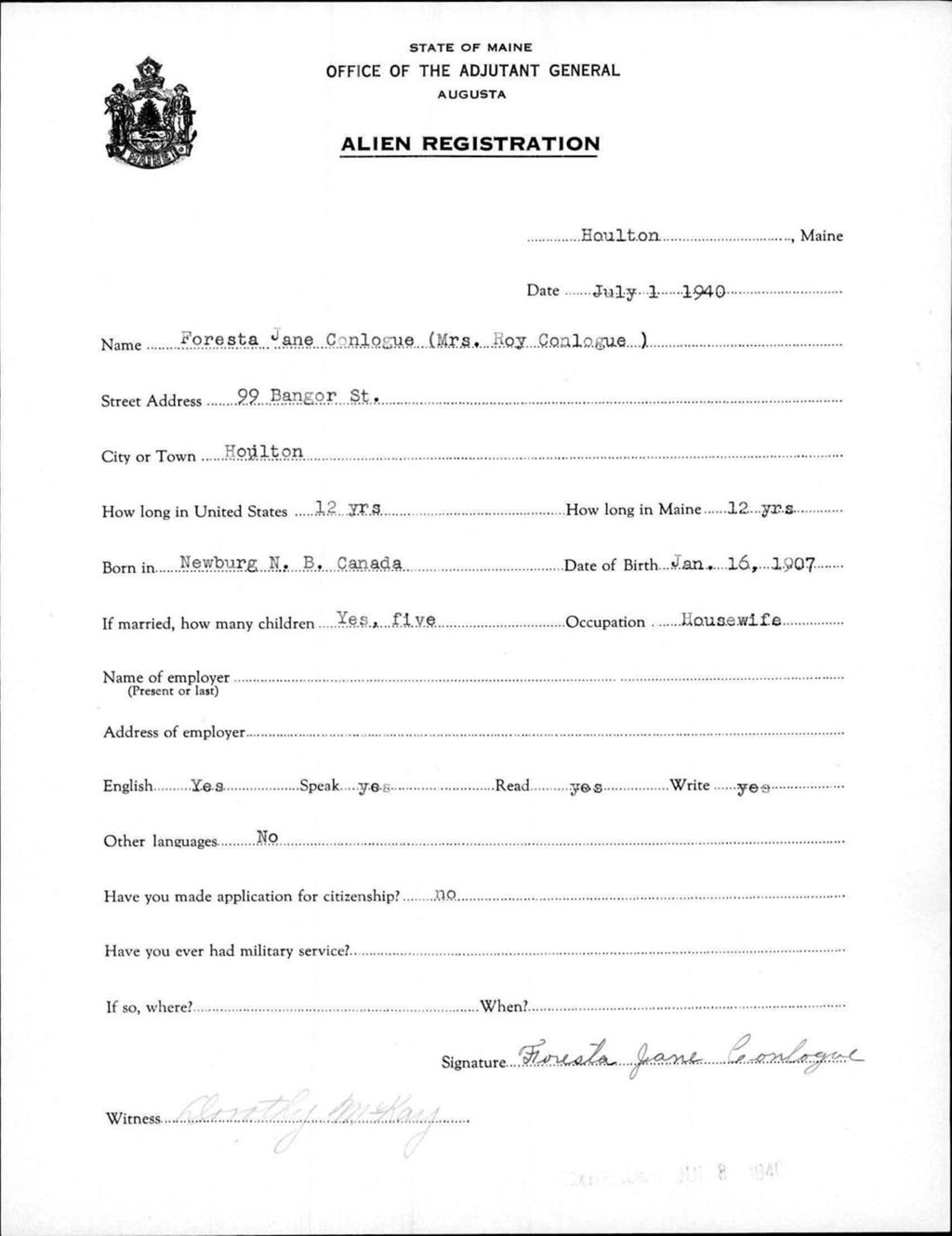 Miniature of Alien Registration- Conlogue, Foresta J. (Houlton, Aroostook County)