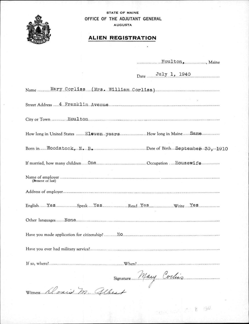 Miniature of Alien Registration- Corliss, Mary (Houlton, Aroostook County)