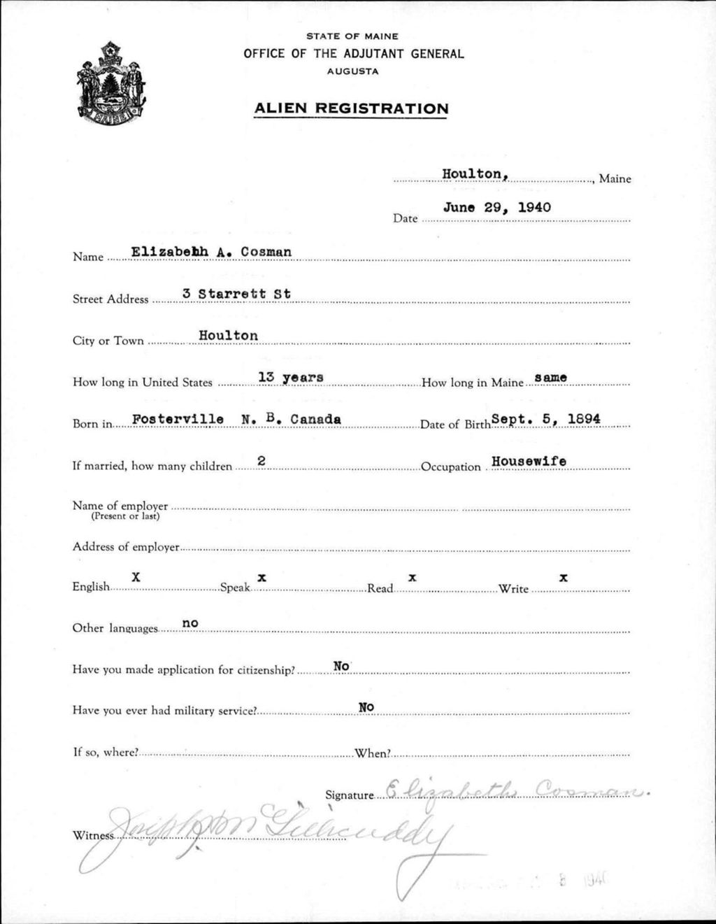 Miniature of Alien Registration- Cosman, Elizabeth A. (Houlton, Aroostook County)