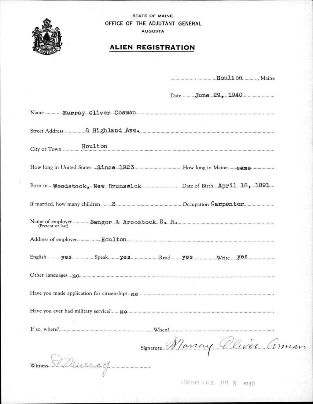 Miniature of Alien Registration- Cosman, Murray O. (Houlton, Aroostook County)