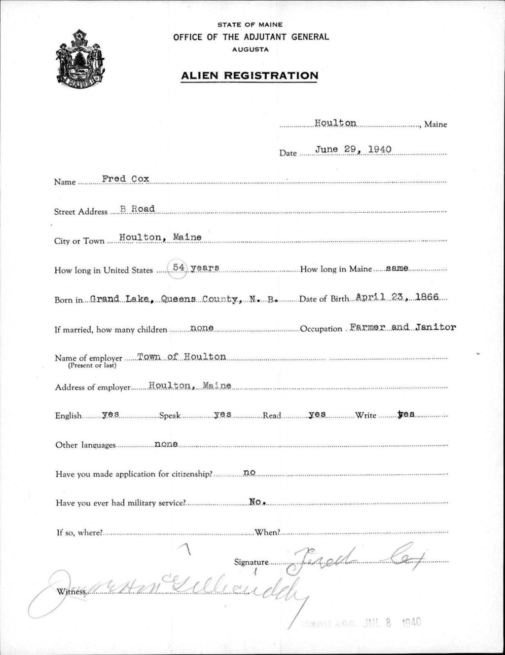 Miniature of Alien Registration- Cox, Fred (Houlton, Aroostook County)