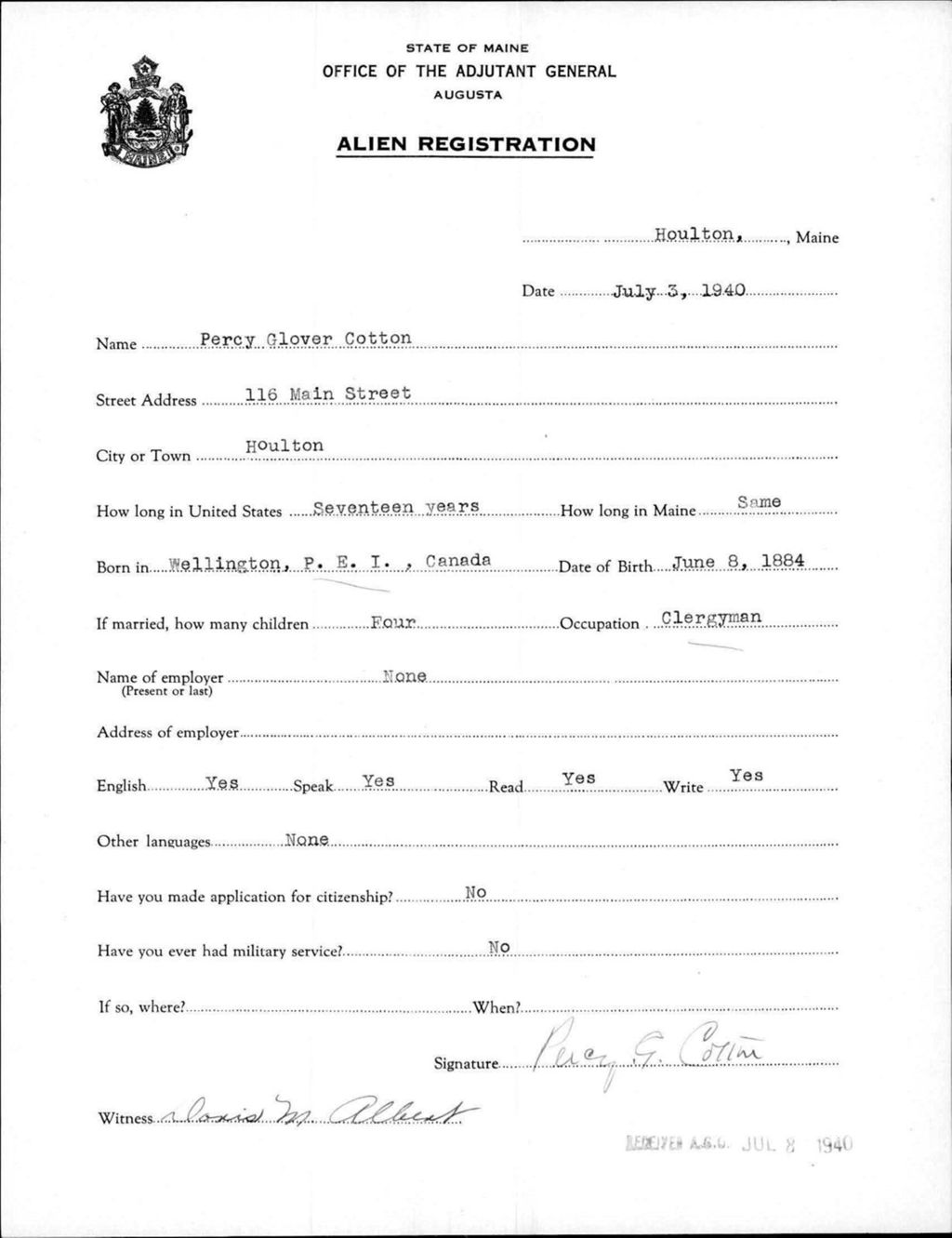 Miniature of Alien Registration- Cotton, Percy G. (Houlton, Aroostook County)