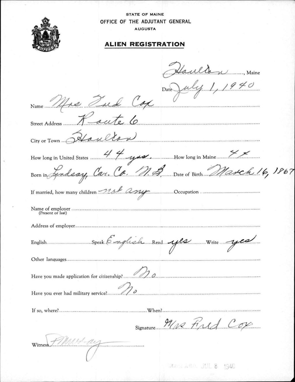 Miniature of Alien Registration- Cox, Fred (Houlton, Aroostook County)