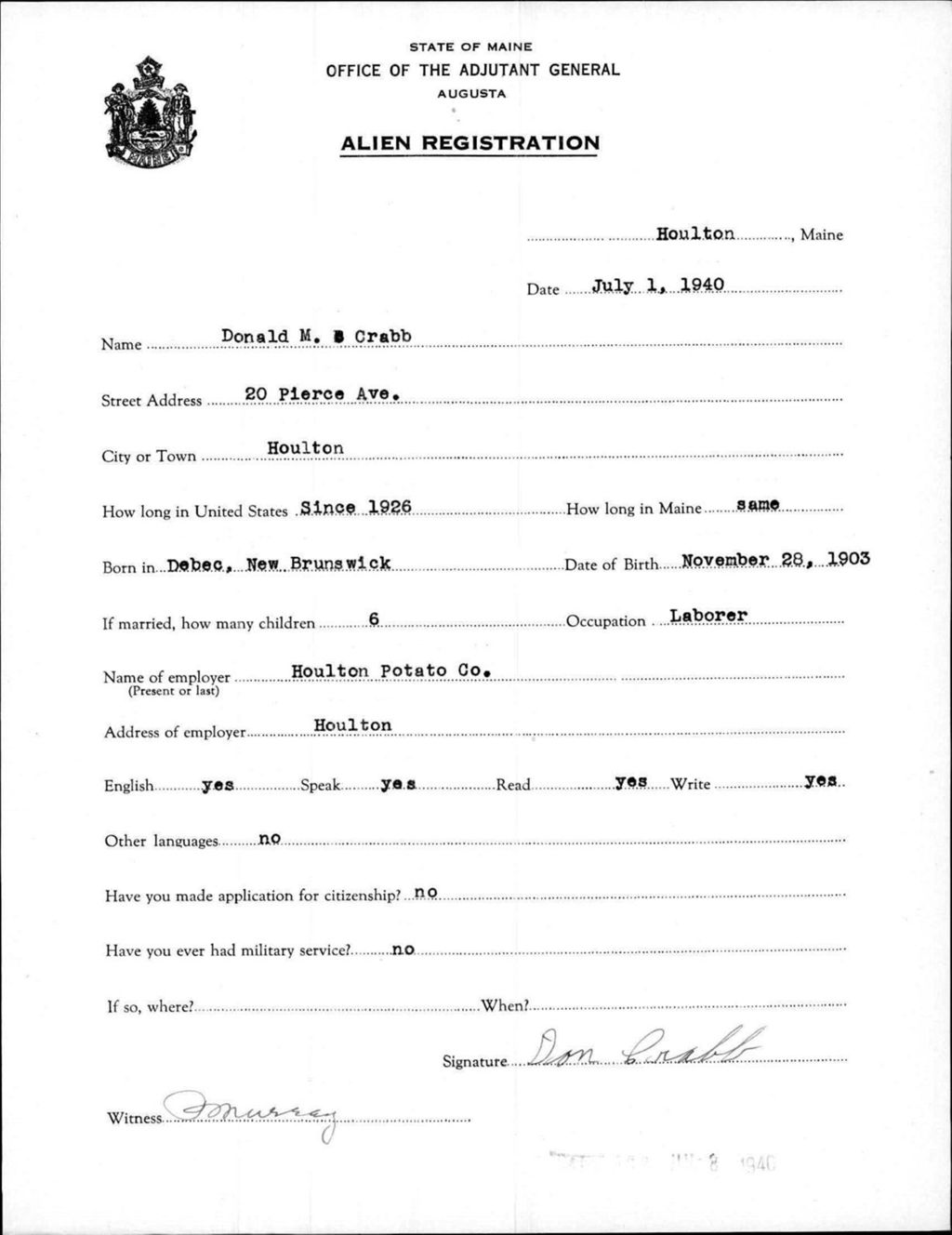 Miniature of Alien Registration- Crabb, Donald M. (Houlton, Aroostook County)