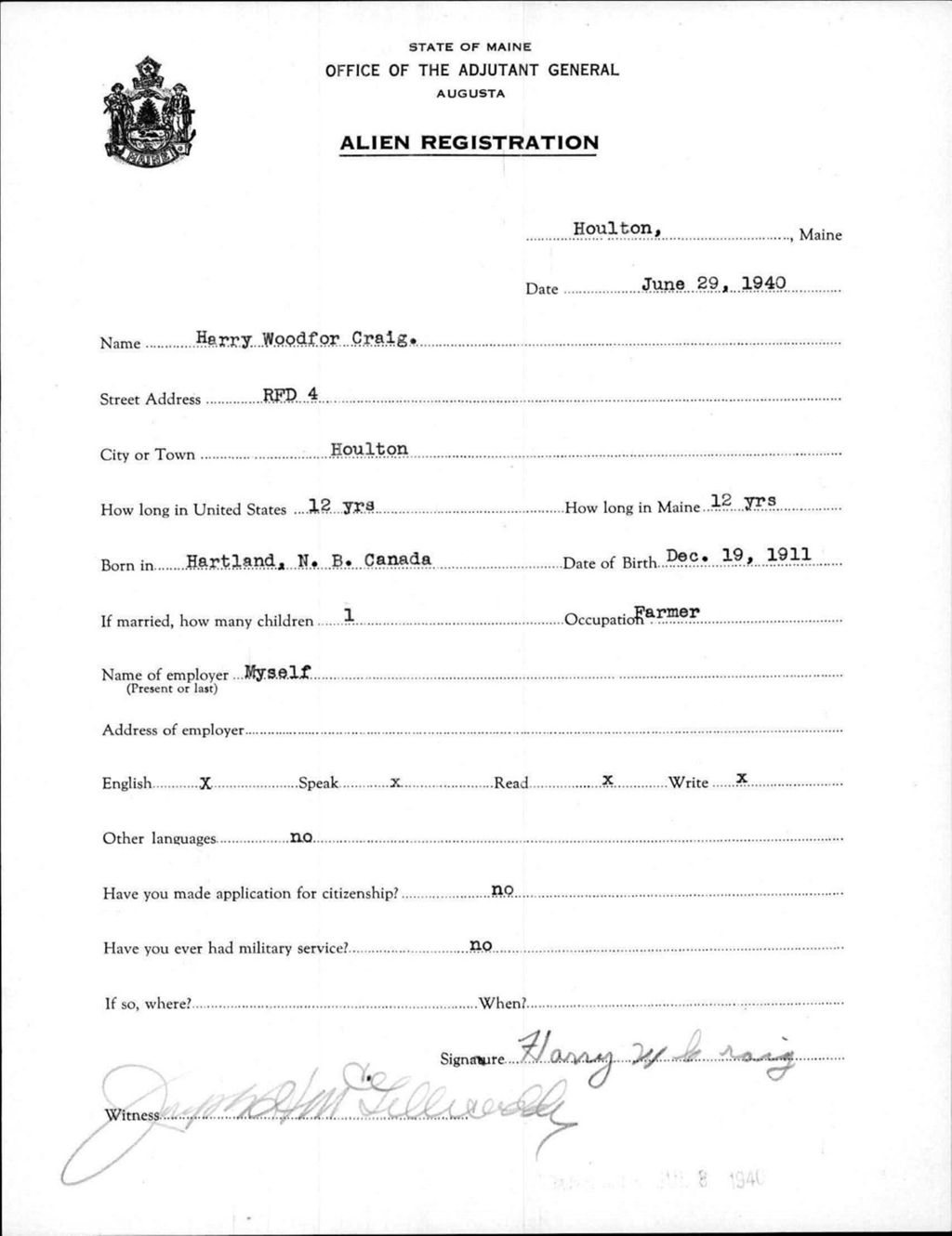 Miniature of Alien Registration- Craig, Harry W. (Houlton, Aroostook County)
