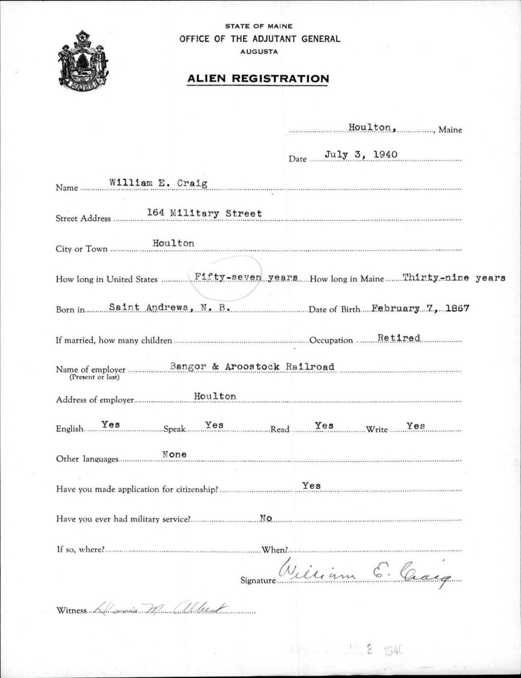 Miniature of Alien Registration- Craig, William E. (Houlton, Aroostook County)