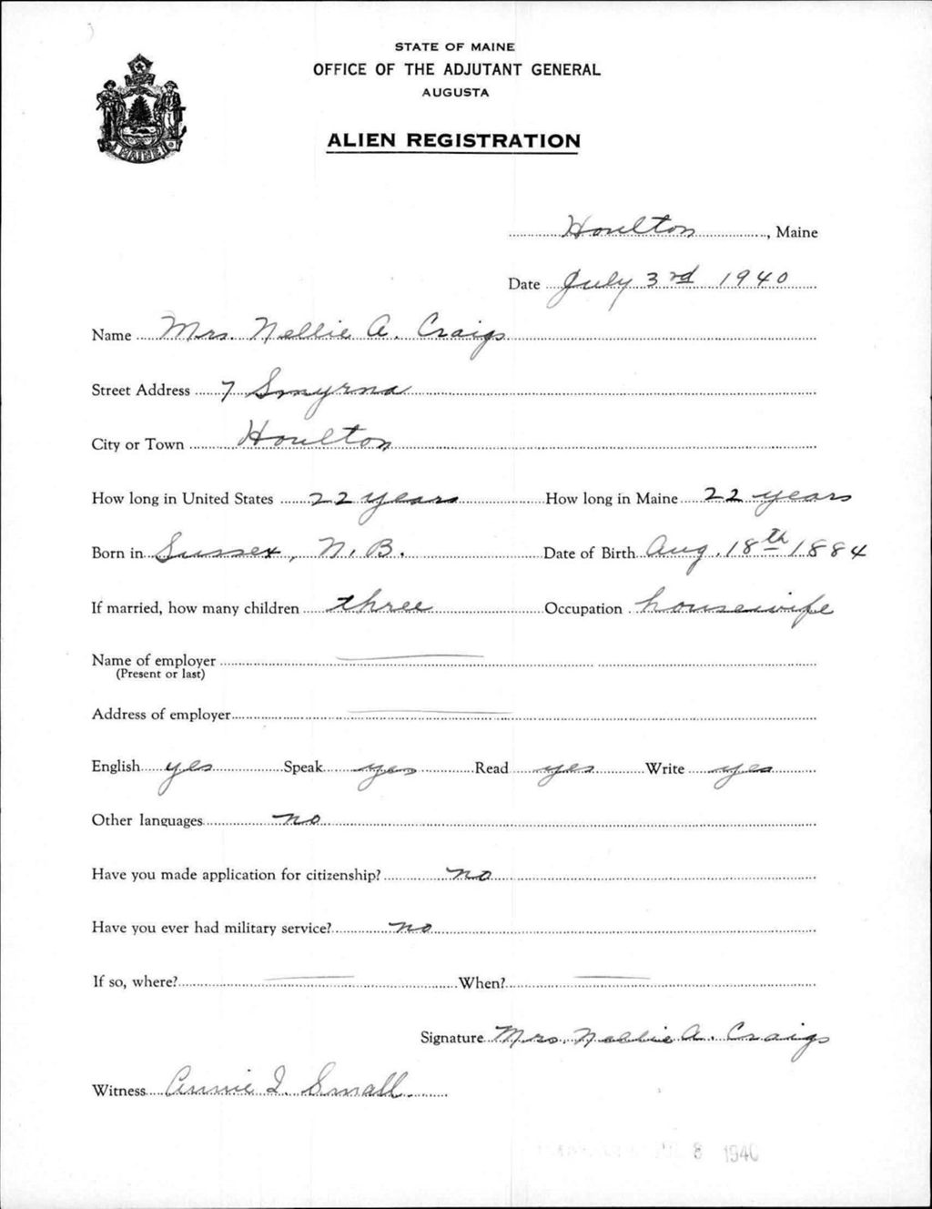 Miniature of Alien Registration- Craigs, Nellie A. (Houlton, Aroostook County)