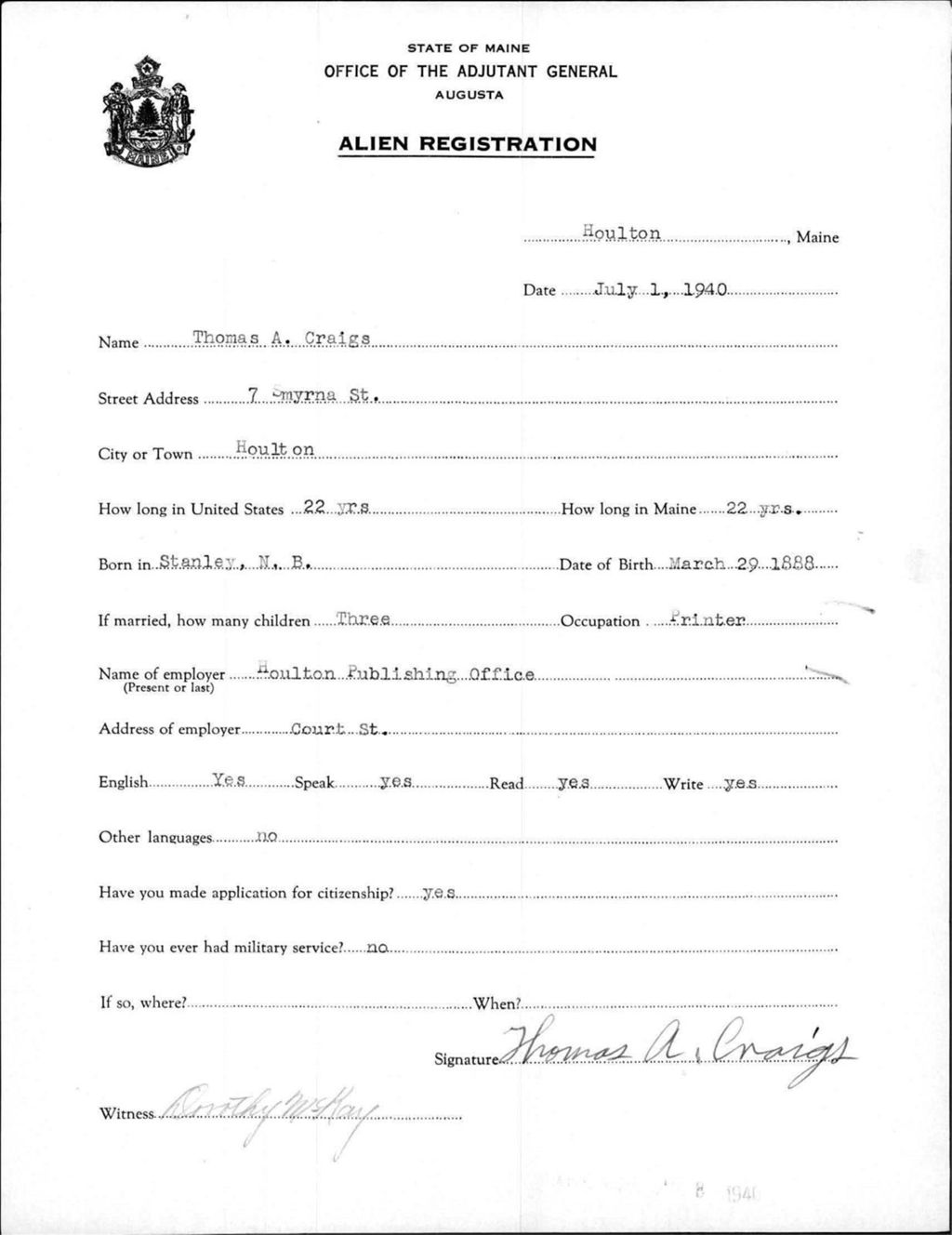 Miniature of Alien Registration- Craigs, Thomas A. (Houlton, Aroostook County)