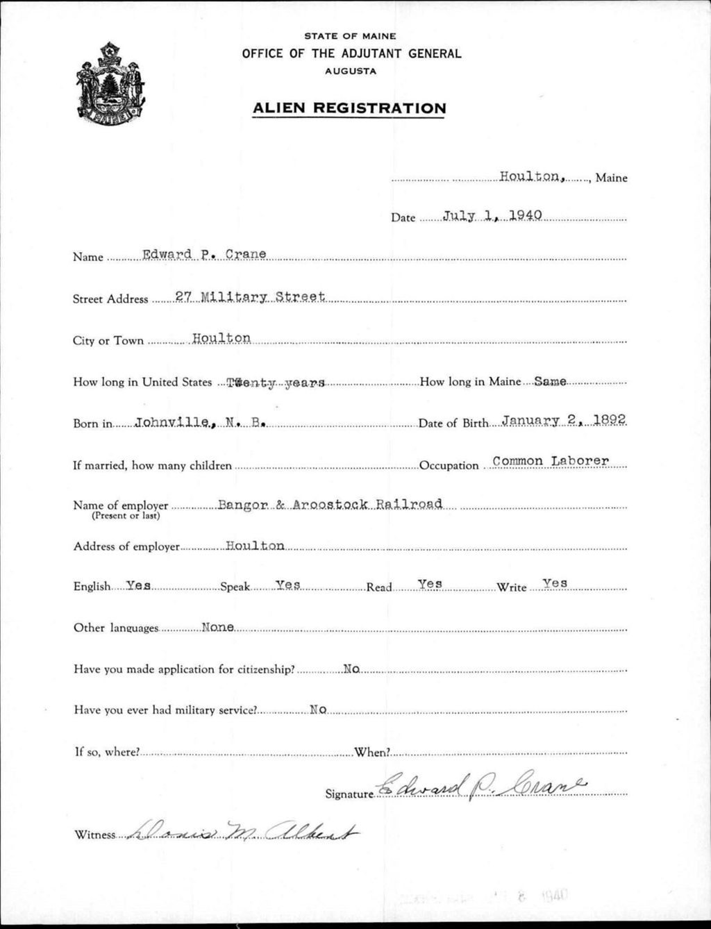 Miniature of Alien Registration- Crane, Edward P. (Houlton, Aroostook County)