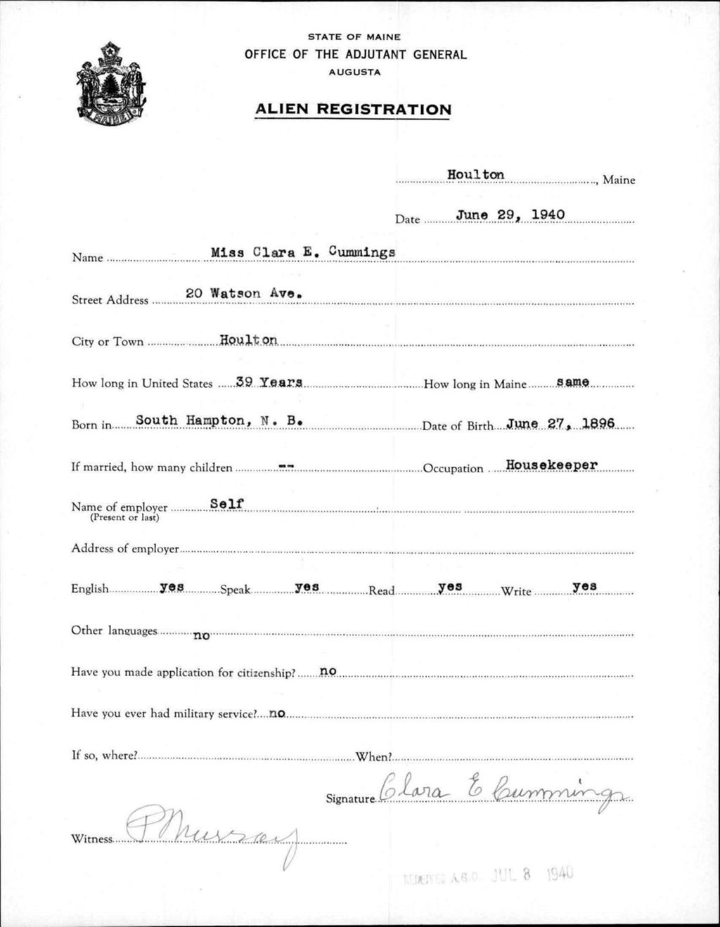 Miniature of Alien Registration- Cummings, Clara E. (Houlton, Aroostook County)