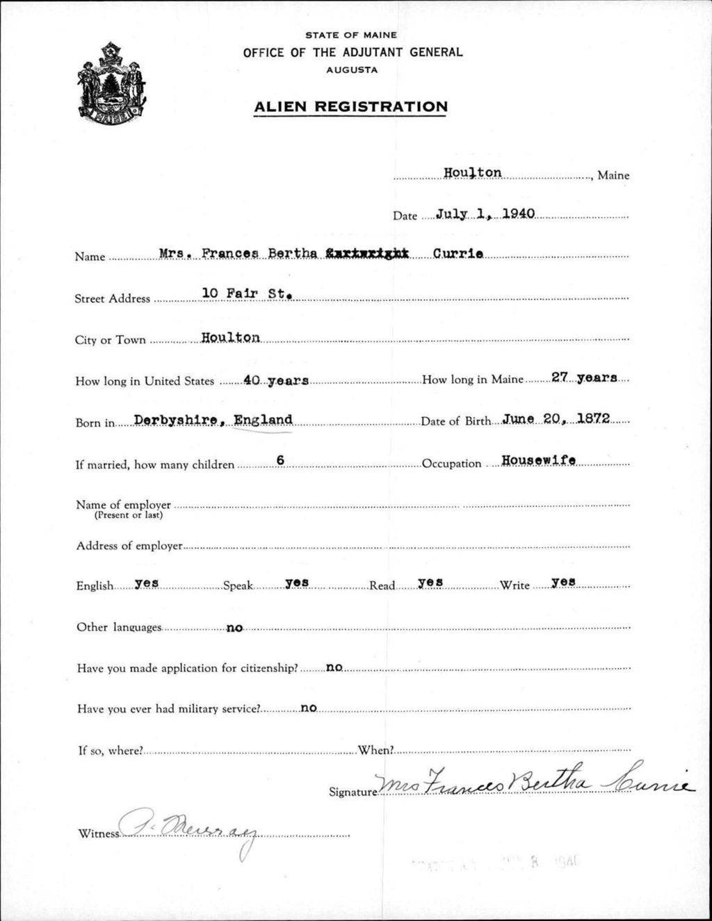 Miniature of Alien Registration- Currie, Frances B. (Houlton, Aroostook County)