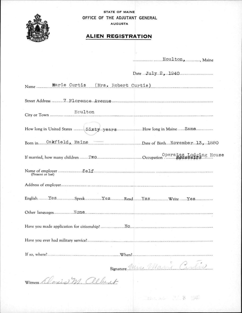 Miniature of Alien Registration- Curtis, Marie (Houlton, Aroostook County)