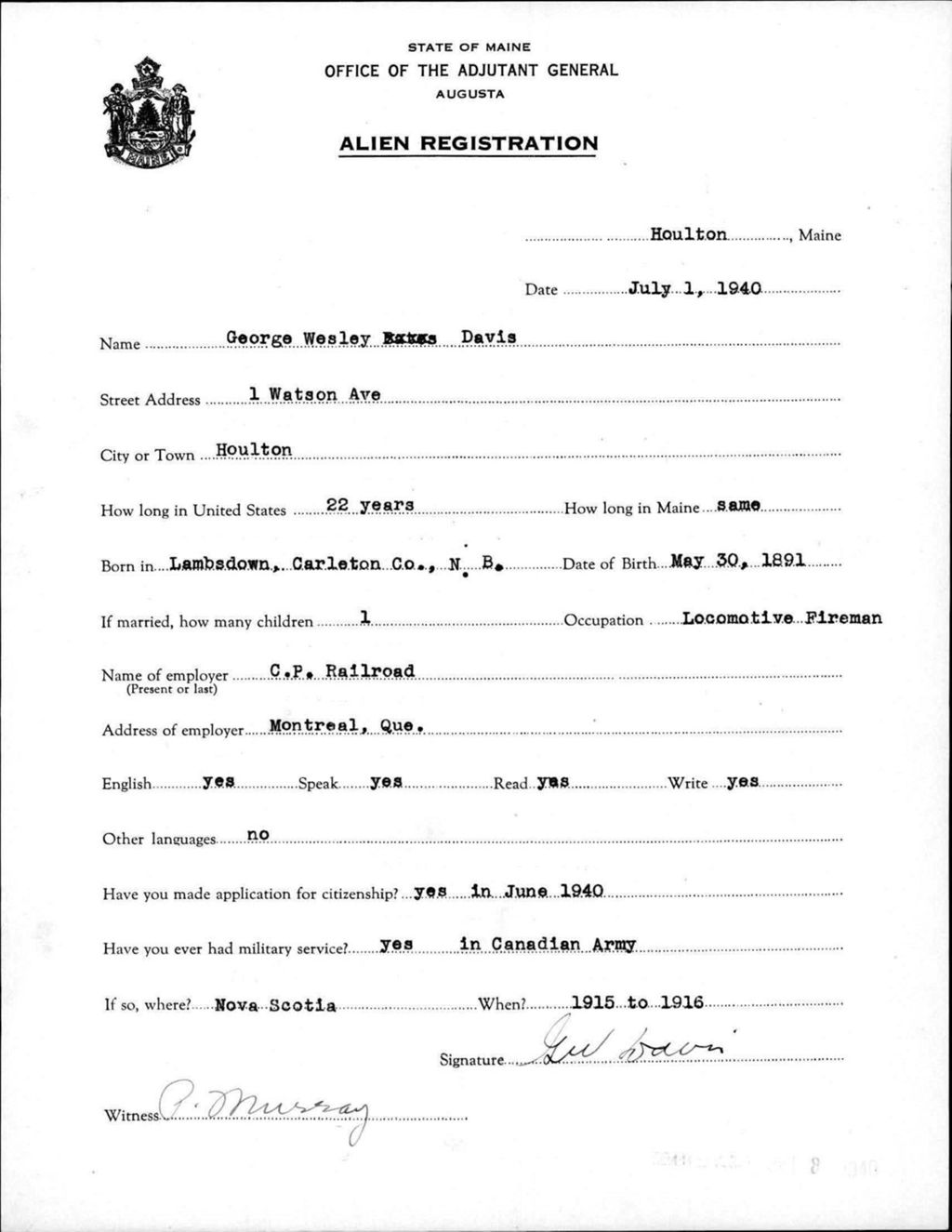 Miniature of Alien Registration- Davis, George W. (Houlton, Aroostook County)