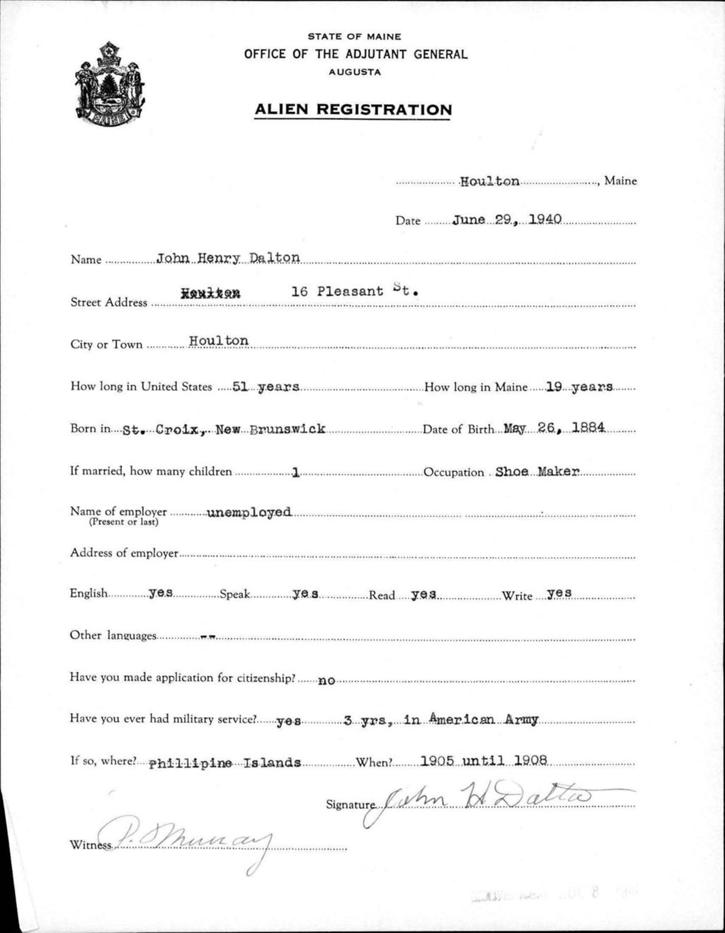 Miniature of Alien Registration- Dalton, John H. (Houlton, Aroostook County)