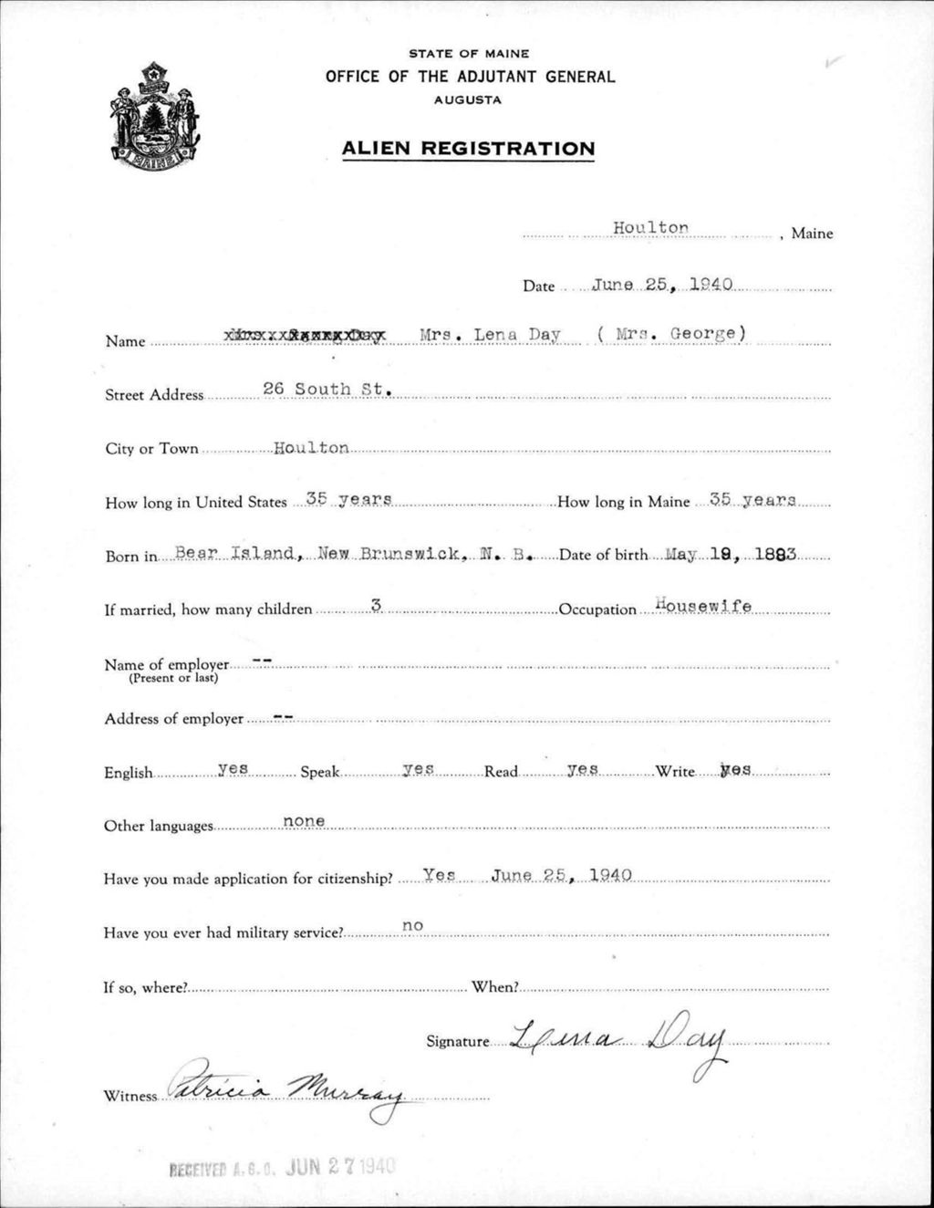 Miniature of Alien Registration- Day, Lena (Houlton, Aroostook County)
