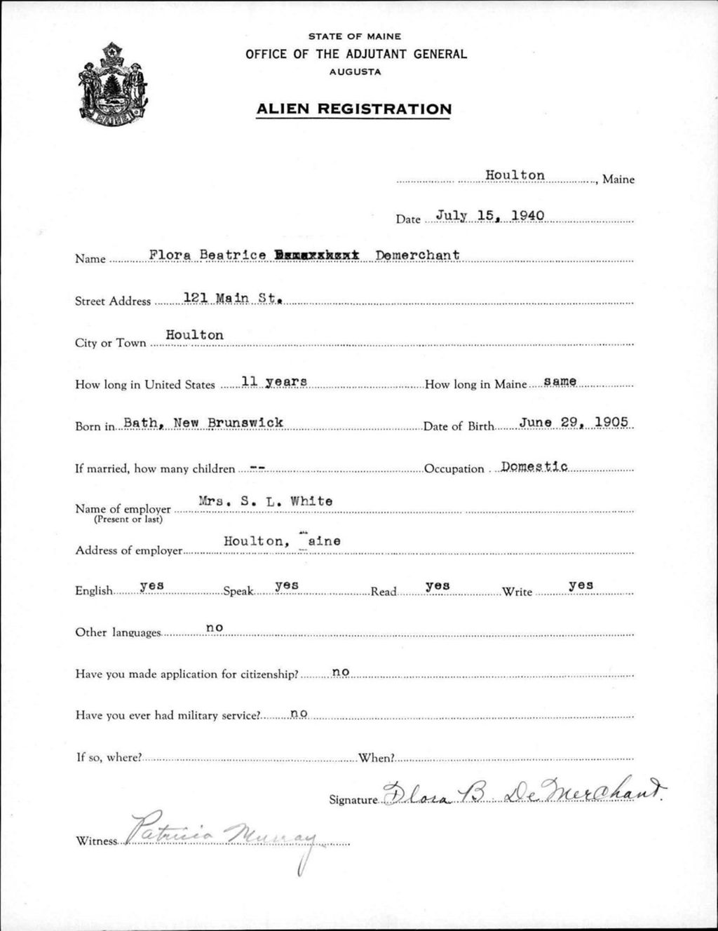 Miniature of Alien Registration- Demerchant, Flora B. (Houlton, Aroostook County)