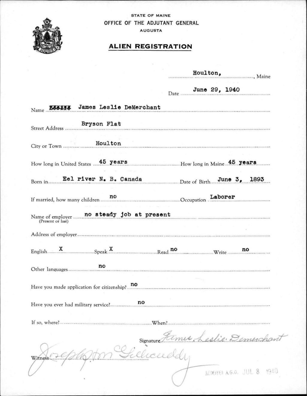 Miniature of Alien Registration- Demerchant, James L. (Houlton, Aroostook County)