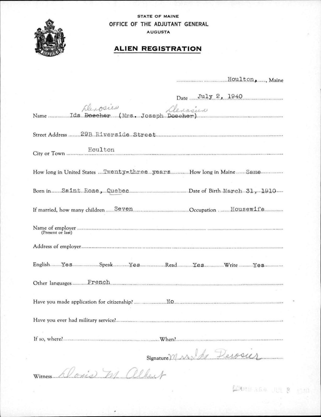 Miniature of Alien Registration- Derosier, Ida (Houlton, Aroostook County)