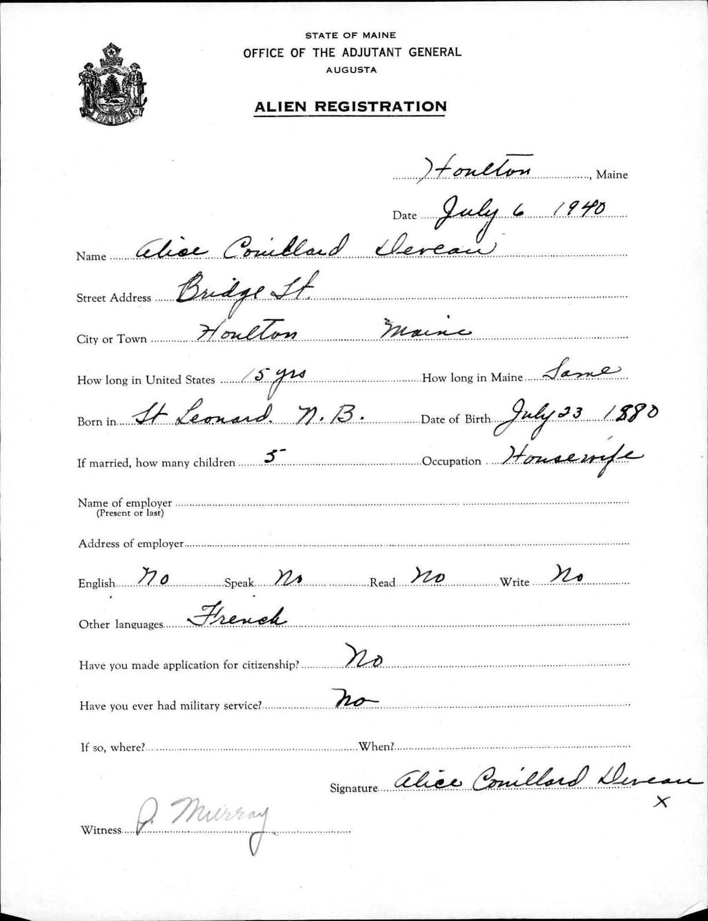 Miniature of Alien Registration- Deveau, Alice C. (Houlton, Aroostook County)