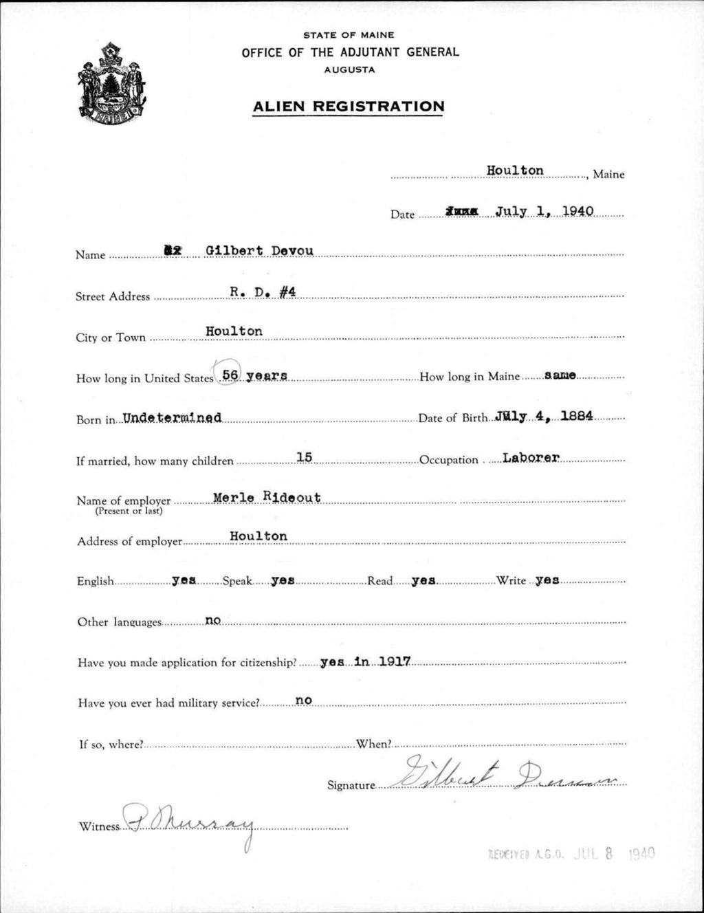 Miniature of Alien Registration- Devou, Gilbert (Houlton, Aroostook County)