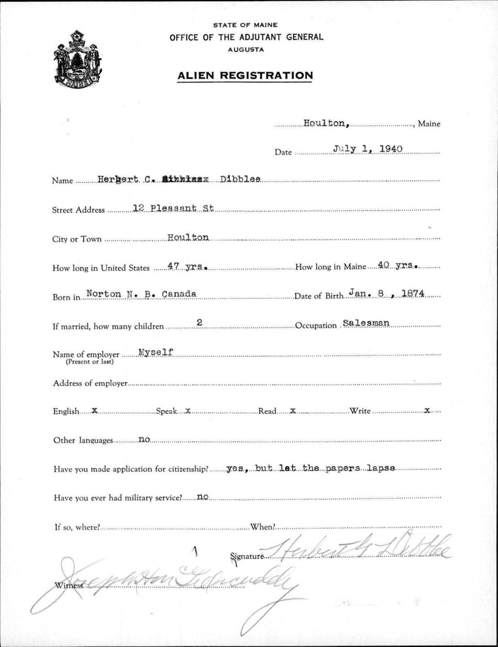 Miniature of Alien Registration- Dibblee, Herbert C. (Houlton, Aroostook County)