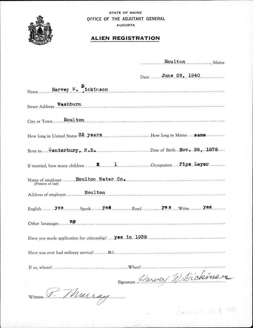 Miniature of Alien Registration- Dickinson, Harvey W. (Houlton, Aroostook County)