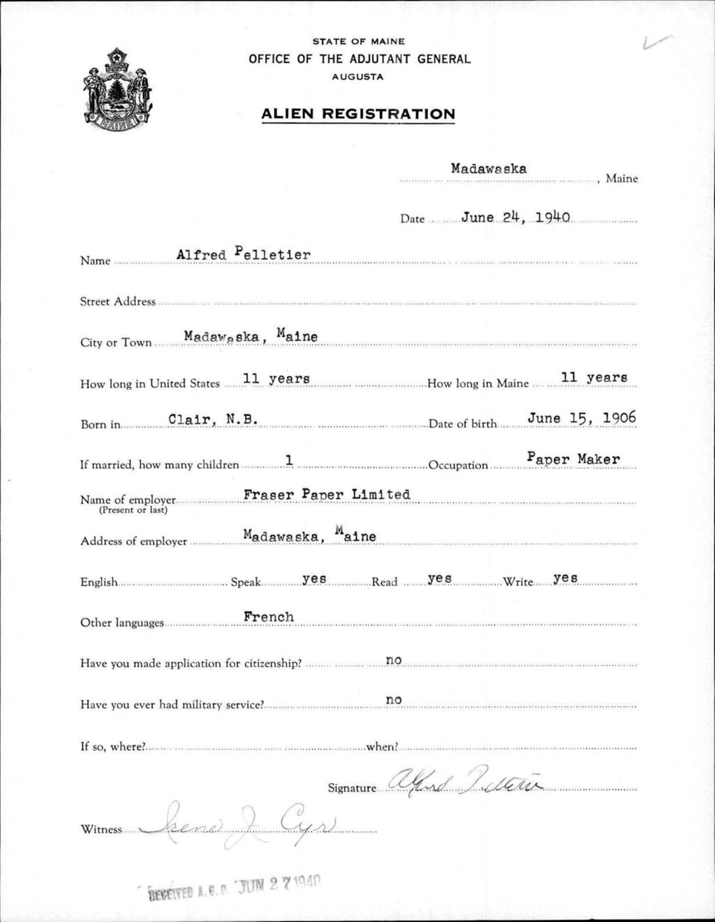Miniature of Alien Registration- Pelletier, Alfred (Madawaska, Aroostook County)