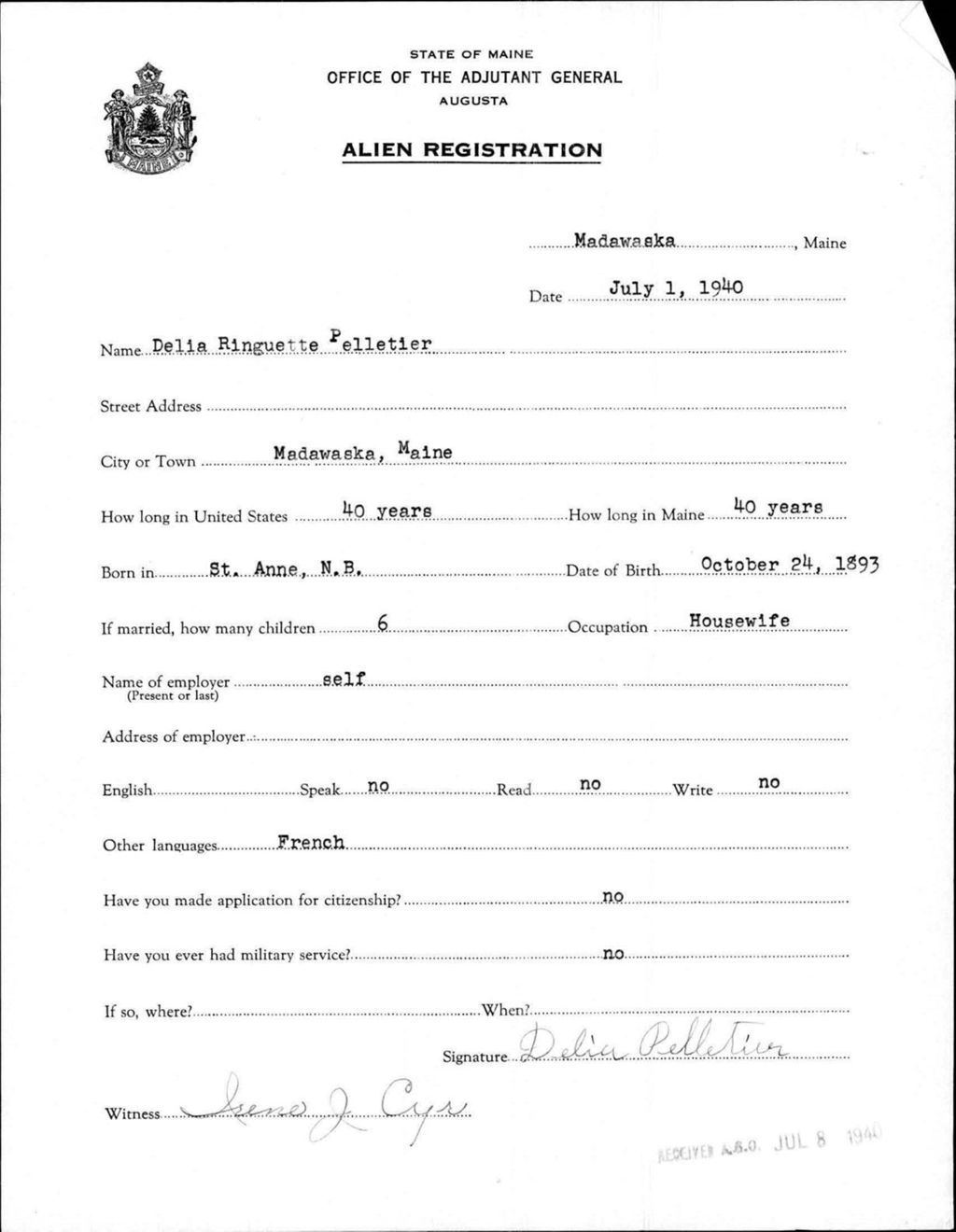 Miniature of Alien Registration- Ringuette, Delia (Madawaska, Aroostook County)