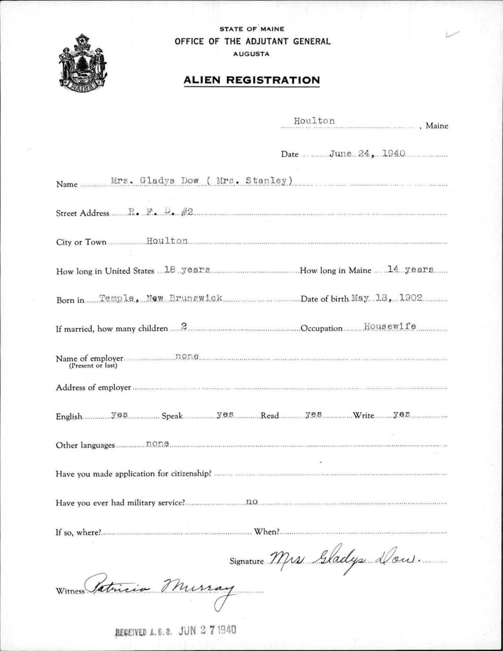 Miniature of Alien Registration- Dow, Gladys (Houlton, Aroostook County)