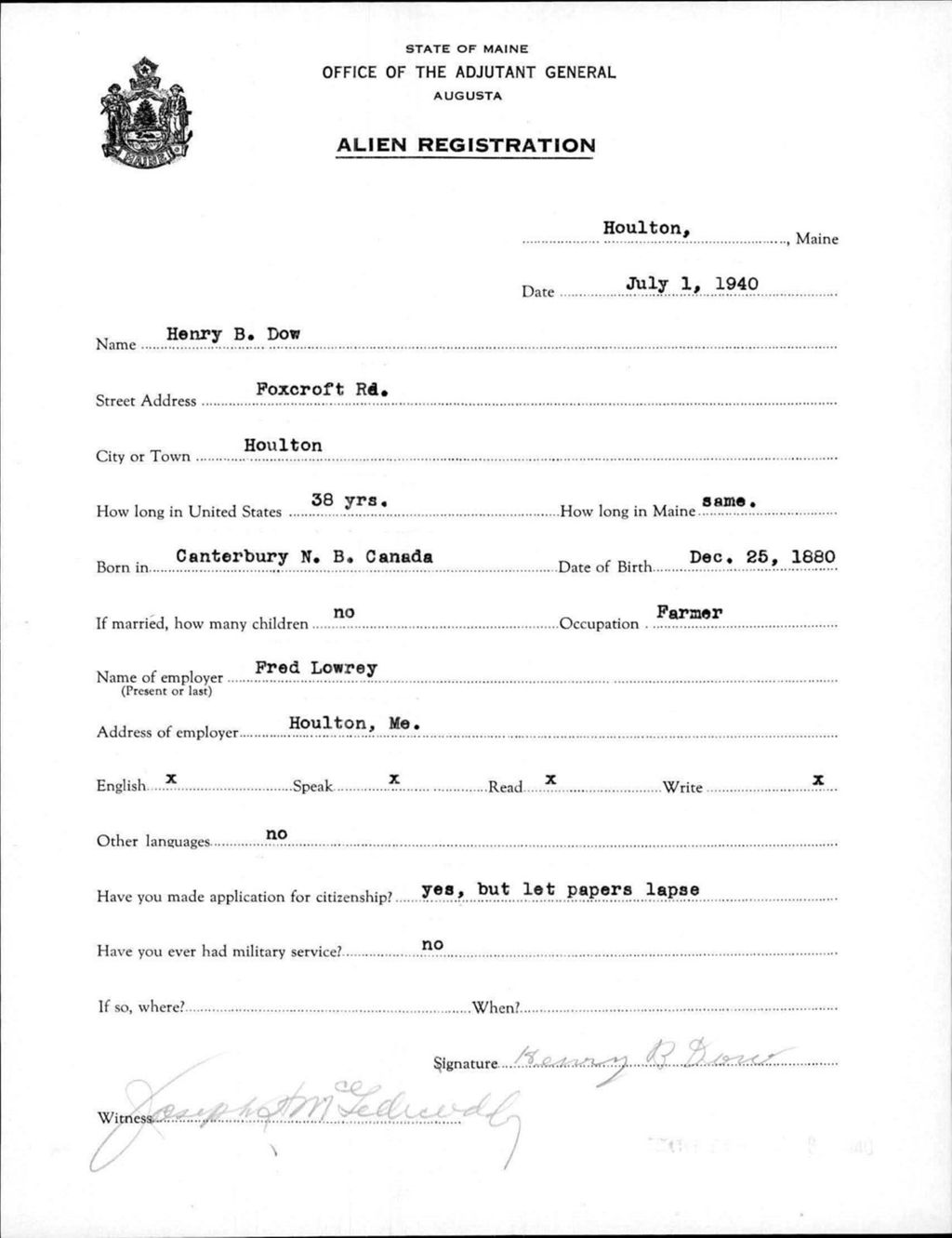 Miniature of Alien Registration- Dow, Henry B. (Houlton, Aroostook County)