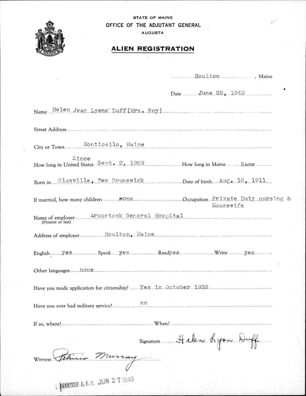 Miniature of Alien Registration- Lyons, Helen J. (Houlton, Aroostook County)